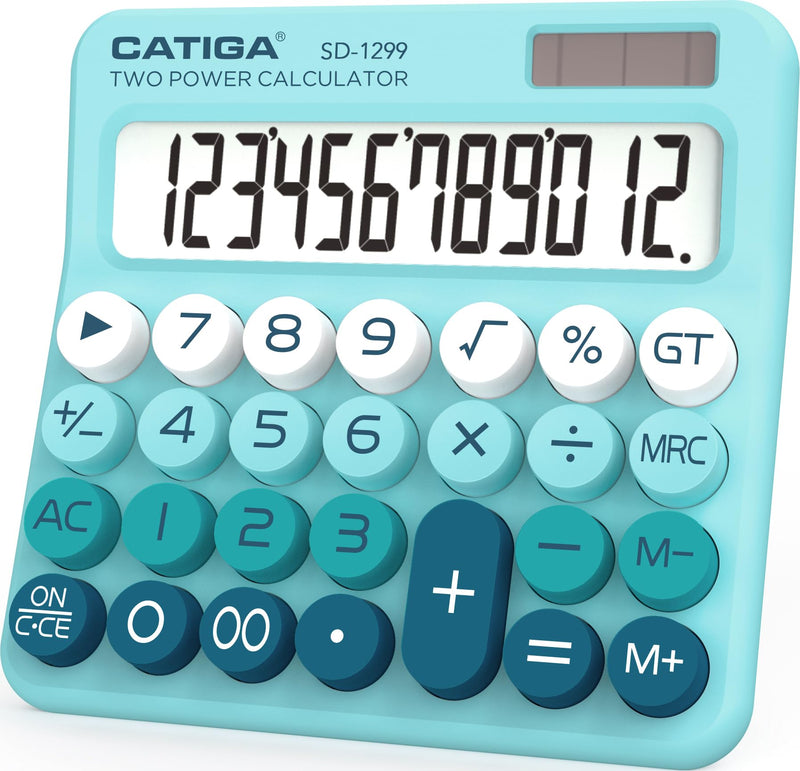 CATIGA Mechanical Switch Calculator with Solar and Battery Dual Power, 12-Digit Large LCD Display, Aesthetic and Cute Desktop Calculator with Big Button, for Home, School and Office Use, SD-1299 Aqua Blue