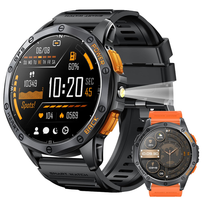 Military Smart Watch for Men, Built-in GPS, 30-day standby, 1.43" AMOLED | Compass & Altimeter for outdoors，Tactical flashlight, 170+ Sport Modes & Bluetooth Calls. iOS/Android Compatible. Black & Orange (2 Bands)