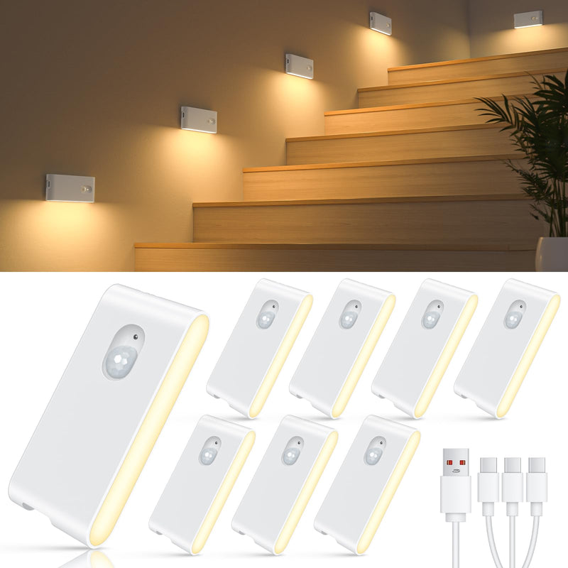 [AUSTRALIA] - WILLED Rechargeable Night Lights, Warm White Motion Sensor Night Lights, Wireless Stair Lights Indoor for Stairway, Hallway, Kitchen, Closet, Cabinet, Bedroom, Kids' Room(8-Pack) 8 Pack 