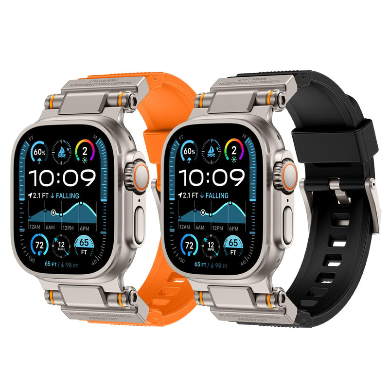 Rubber Band Compatible with Apple Watch Band 49/46/45/44/42mm, Black/Titanium and Orange/Titanium