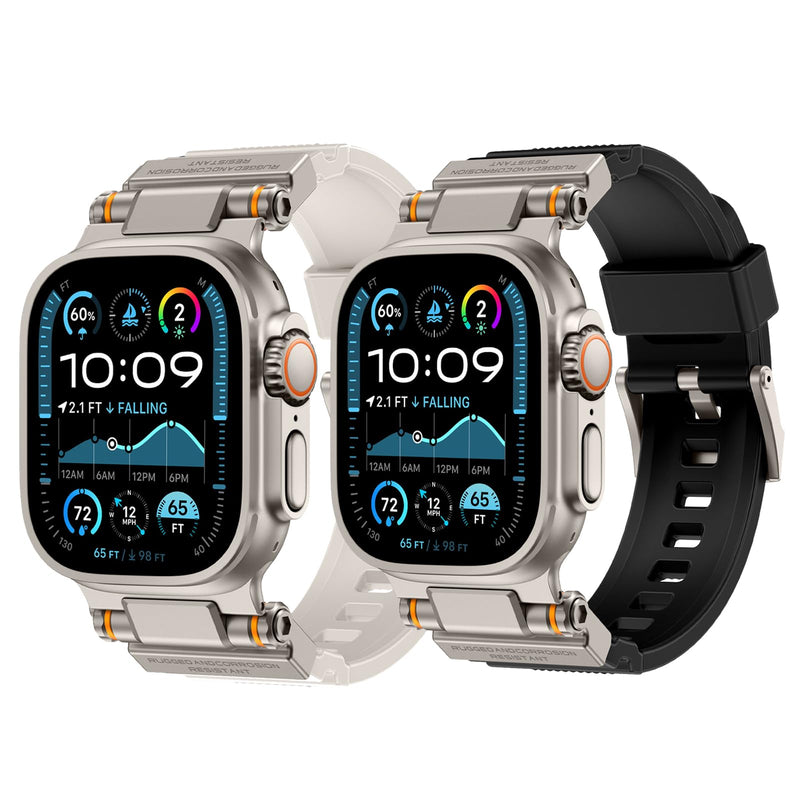 Rubber Band Compatible with Apple Watch Band 49/46/45/44/42mm, Black/Titanium and Starlight/Titanium