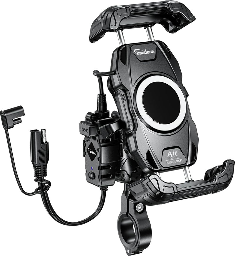 Kaedear Qi Wireless Charging Motorcycle Phone Mount, IP66, KDR-M28A | Qi wireless charging, USB charging, vibration absorption, IP66 waterproof, quick release, locking system, slide-lock design