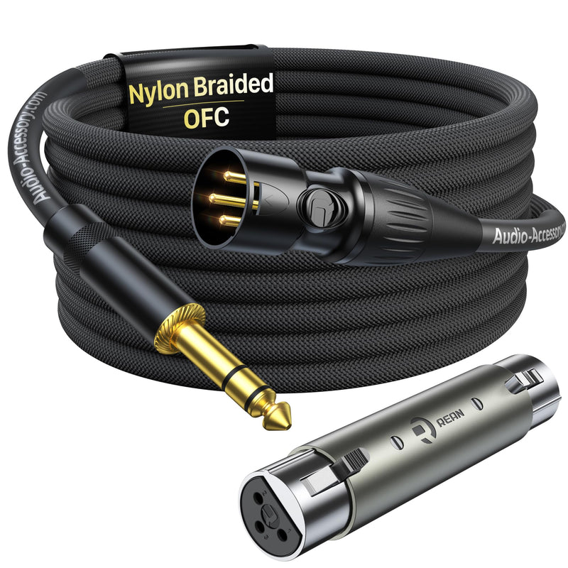 XLR Male to 1/4 Cable with XLR Female to Female Adapter Bundle, Rean Connectors from Neutrik, Kevlar-Reinforced Nylon Braided TRS Cable, Balanced Quarter Inch Cord, 6ft, OFC XLR Male to 1/4 & XLR Adapter