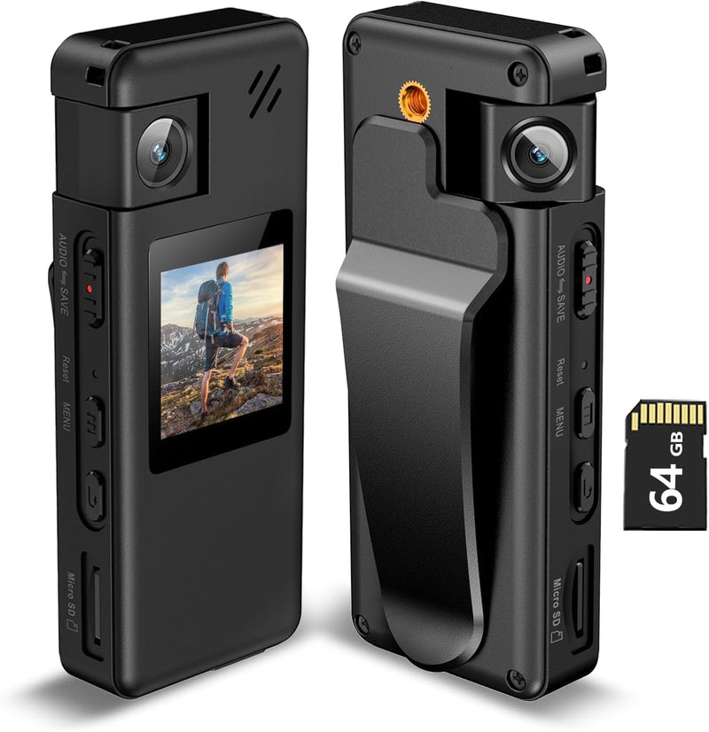 A32 64GB Body Camera, Portable Body Cam with 180° Rotatable Lens and Motion Detection, 1080P Camcorder with Audio and Video Recording for Outdoors Sports Police Delivery Cycling Helmet 64G