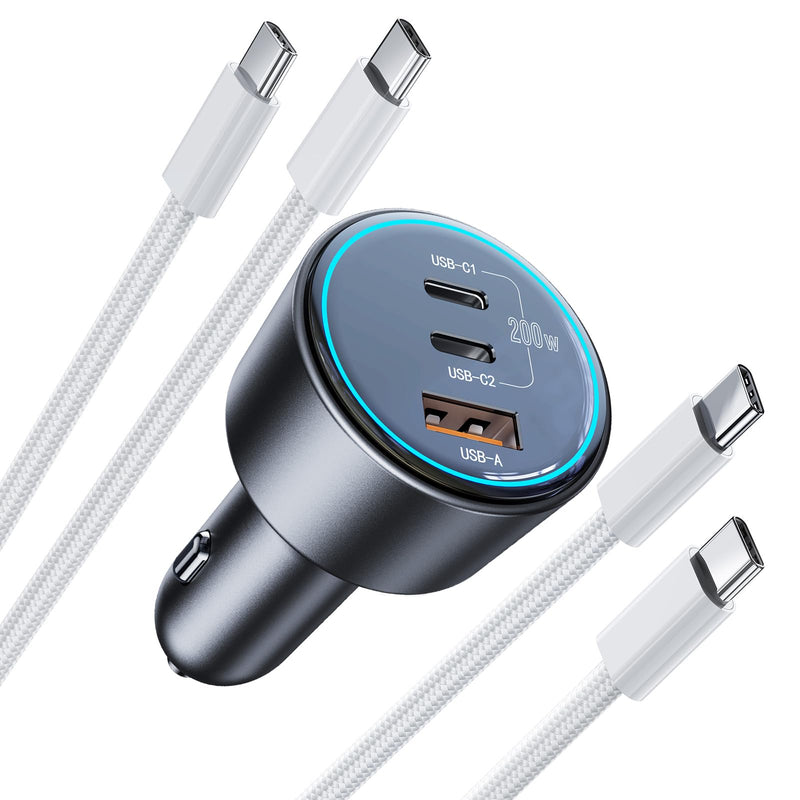 200W Super Fast Car Charger, Adapter with 2×100W USB C to C Cables, | USB C Car Charger PD3.0/QC4.0, 12V-24V Vehicle Compatible, LED Light & Overheat Protection