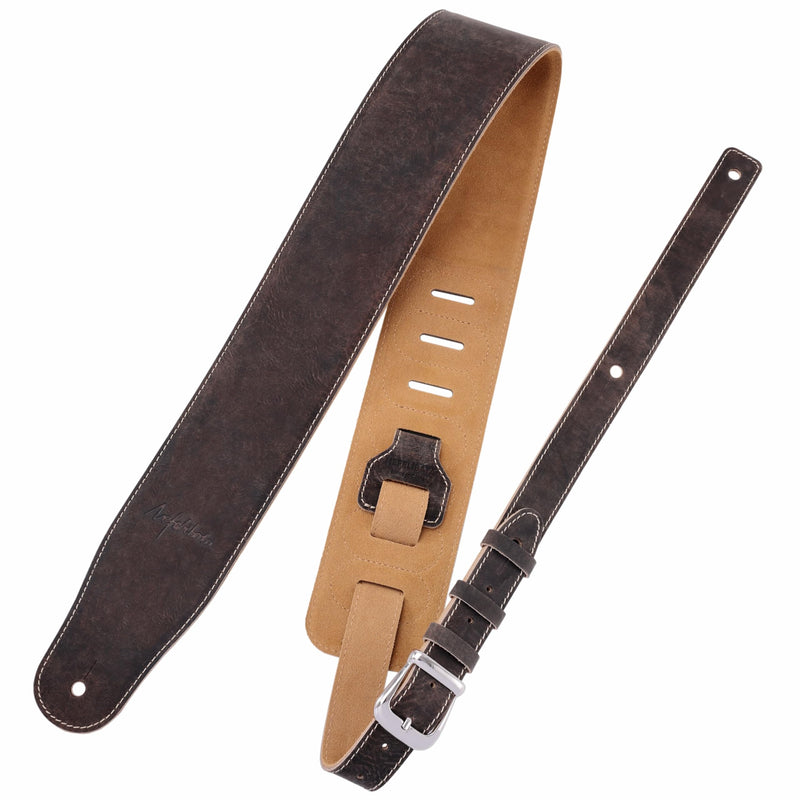 Nefelibata 3" Wide Extended Guitar Strap, Full Grain Cowhide Leather with Foam Padding and Detachable Extension Strap for Heavy Duty Guitars like Bass and Electric Guitar Brown