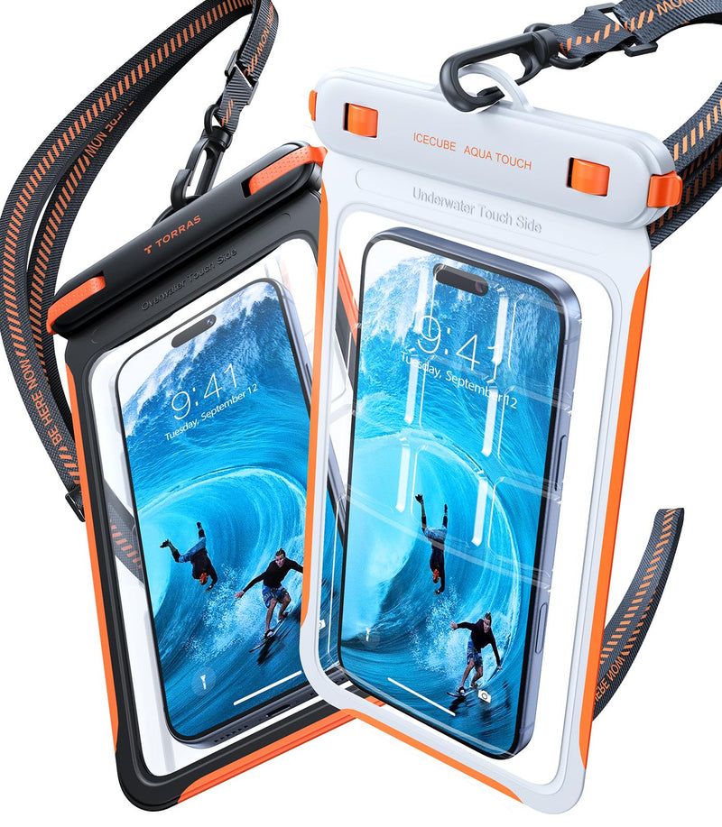 TORRAS IPX8 Waterproof Phone Pouch Floating, Underwater Screen Touchable | Black & White, 2 Pack Universal Waterproof Phone Case with Lanyard, Snorkeling, Beach, Cruise, Travel Essentials, 7.0 Inch 2 Pack-Black & White