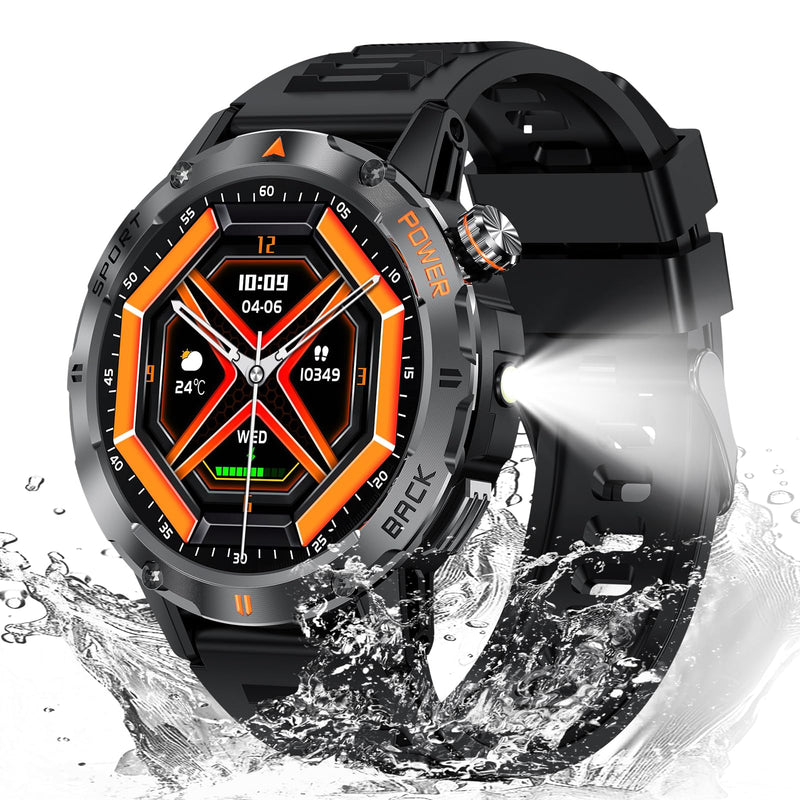 Military Smart Watch for Men, (Answer/Make Call) Fitness Smart Watch with Flashlight Compatible for Android & iPhone Waterproof with Blood Oxygen/HeartRate/Sleep/120+ Sport Modes (Black) Black