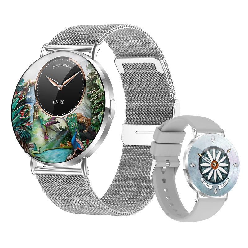Ultra-Slim Smart Watches for Women(Call/2 Bands/All Metal),41mm, 1.32" AMOLED Ultra-Clear Screen Fitness Tracker with SpO2/Heart Rate/Sleep Tracking,Waterproof Smart Watch for iPhone/Samsung/Android Silver