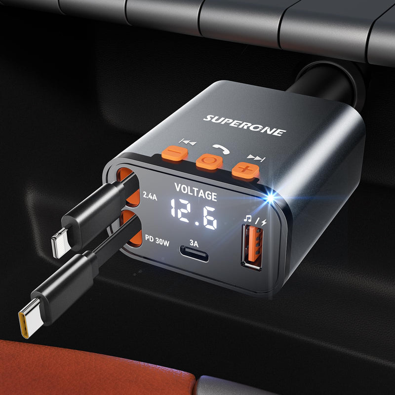 [AUSTRALIA] - SUPERONE 69W Retractable Car Charger with Dual Cables, Compact Bluetooth 5.3 Car Adapter, FM Transmitter Radio Receiver for Hands-Free Calls & MP3 Music, USB C Fast Charging for iPhone Android 