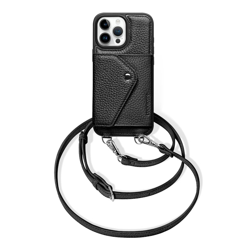 LUCKYCOIN 100% Genuine Leather Crossbody Wallet Phone Case for iPhone 16 Pro Max, Shockproof Phone Purse with Adjustable Lanyard Strap & Card Holder, Crossbody Purses for Women, Pebble Grain Black LZ-Black