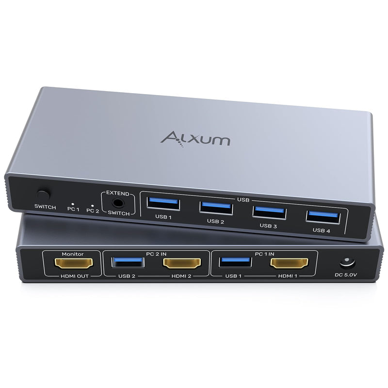 Alxum HDMI KVM Switch 1 Monitor 2 Computers KVM Switcher with Audio Jack | 4K@60Hz 2 PC 1 Monitor KVM Switch Dual HDMI 4 USB Ports for Keyboard Mouse Printer,5Gbps Button/Remote Control Power Delivery Gray