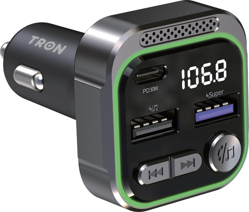 TRON Bluetooth 5.3 FM Transmitter Car Adapter 48W (PD30W +18W USB) Fast Charger, with Mic, Light Switch, HiFi Bass Sound, Audio Receiver Wireless Radio MP3, Hands-Free Calling, Support USB Drive, TR43