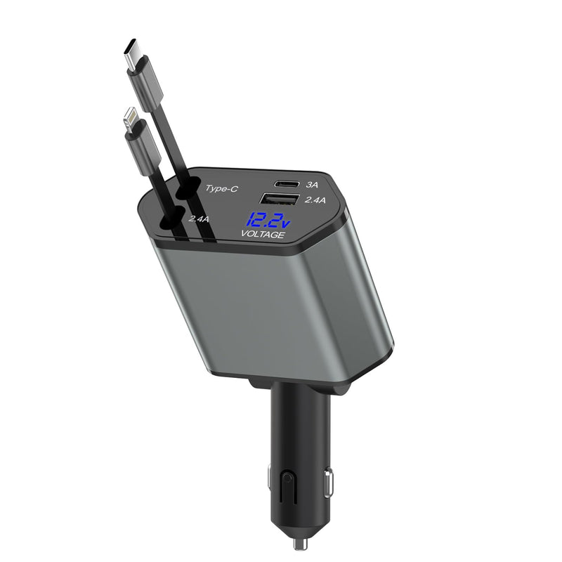 Retractable Car Charger,66W 4 in 1 iPhone 16 15 Car Charger iPhone Adapter | with 2 Retractable iPhone Charger Cables(USB C+Lightning),2 USB Ports(USB C+USB A) for iPhone 17 16 15 14 13 12 11 Pro Max XS USB A & USB C Black