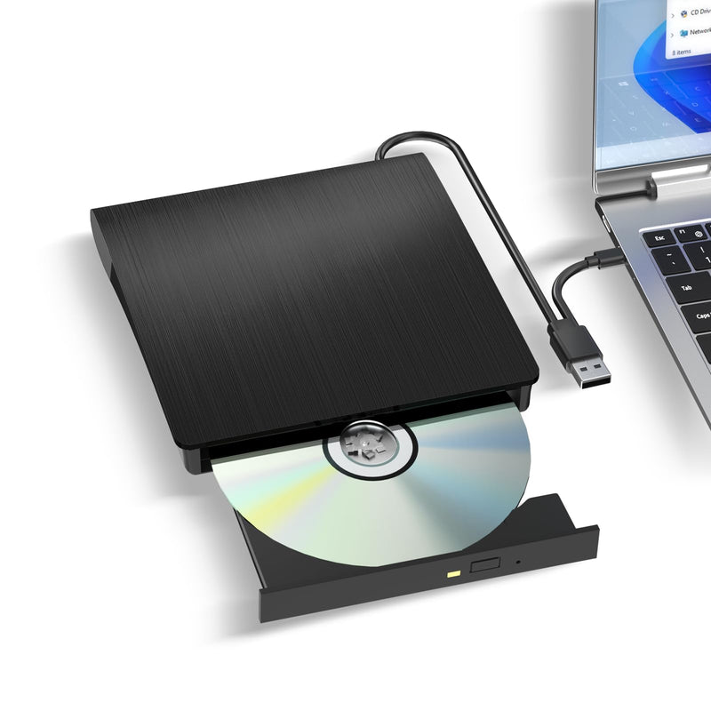 [AUSTRALIA] - External CD/DVD Drive, USB 3.0 & Type-C CD/DVD Disc Reader Writer, CD ROM +/-RW External CD Player, Portable CD Burner for Laptop Desktop PC Mac Windows Linux (Black) Black 