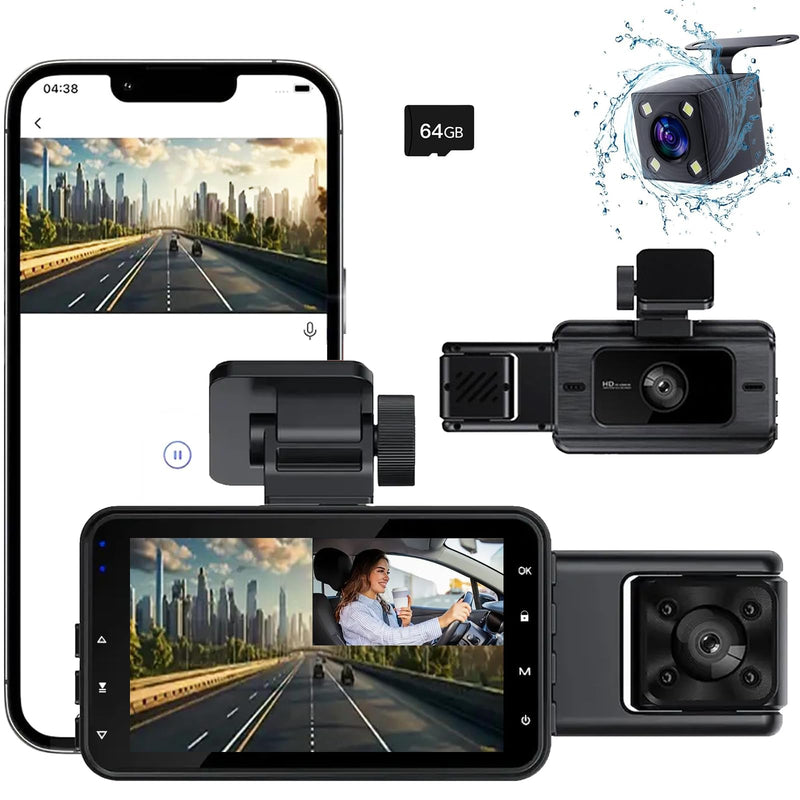 [AUSTRALIA] - Dash Cam，3 Channel Dash Cam Front and Rear Inside, 1080P Full HD Dash Camera for Cars, Free 64GB SD Card, 3”IPS Screen, Night Vision, 170°Wide Angle, WDR, 24H Parking Mode 