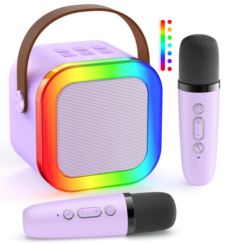 Mini Karaoke Machine: Mini Karaoke Machine with 2 Wireless Karaoke Microphones and Light for Family Home Party - Portable Singing Karaoke Speaker - Stage-subwoofers (Purple) Purple