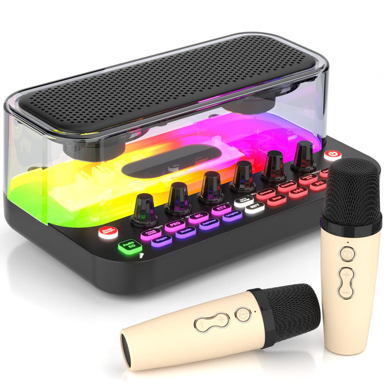 SY11 Portable Live Streaming Sound Card Mixer, Mini Bluetooth Karaoke Machine w/ 2 Wireless Microphone, RGB Lights & Voice Change Sound Effects, Easy Set up Bluetooth Audio Podcast Equipment for PS5 SY11