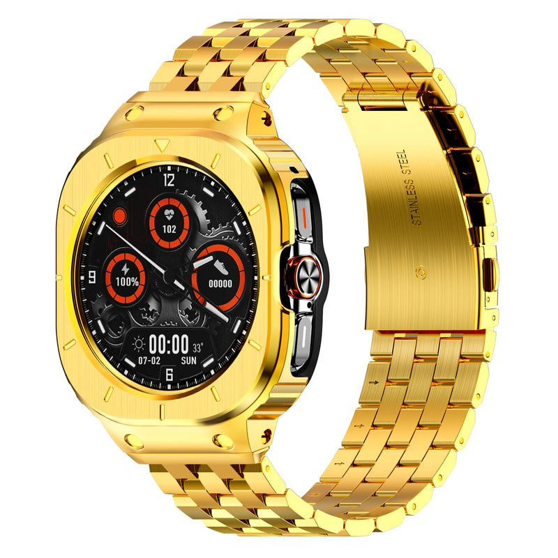 HASLFM Stainless Steel Case and Bands Compatible with Samsung Galaxy Watch 7 8 Ultra 47mm/ Galaxy Watch 5 pro 45mm/ Galaxy Watch 6/5/4 44mm, Rugged Metal Band Rugged Protector Cover for Men Gold-1 47mm(Galaxy Watch 7 8 Ultra)