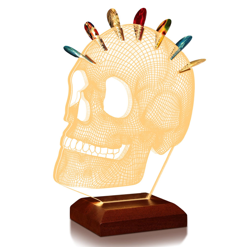 Light Up Guitar Pick Holder, Acrylic Skull Pick Holder with Wooden Base for Picks Storage and Display, Gift for Guitar Players Guitarists