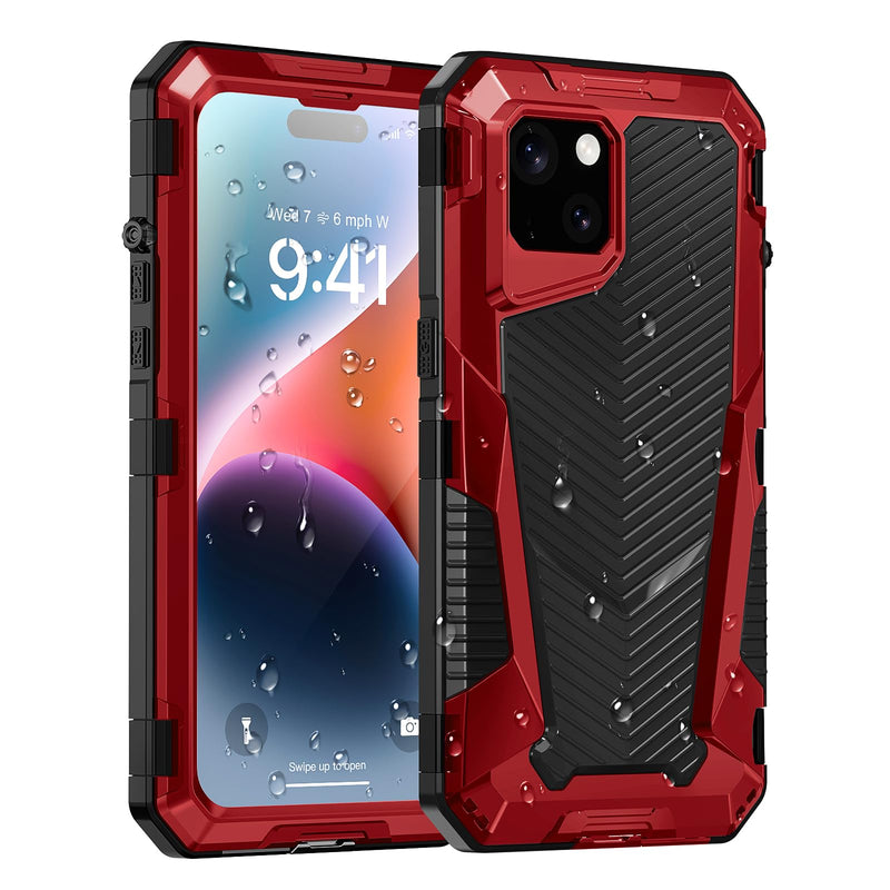 Beasyjoy for iPhone 14 Waterproof Case, Metal Heavy Duty Case with Built-in Tempered Glass Screen Protector, Military Grade Shockproof Full Body Protection, Rugged Phone Case for iPhone 14, Red Red-Mag