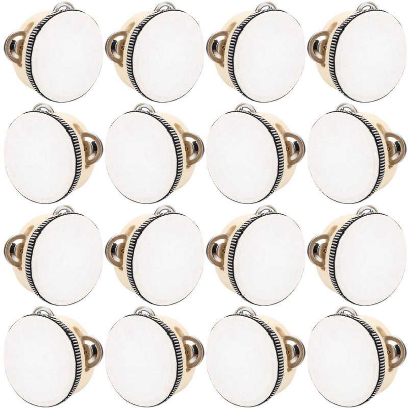 16 Pcs 4 Inch Adult Wedding Tambourines Drum Wooden Natural Handheld Drums Metal Jingles Drums Musical Instruments Percussion for Church Wedding Party Favor