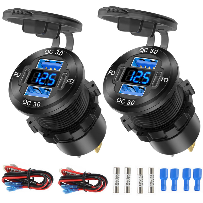 2 Pack 12V USB Outlet 4 Port Car Charger Socket, 78W Dual PD USB C and Dual Quick Charge 3.0 Port Aluminum Charger with Voltmeter DIY Kit Waterproof for Car Boat Marine Motorcycle RV ATV Truck, etc Pack of 2