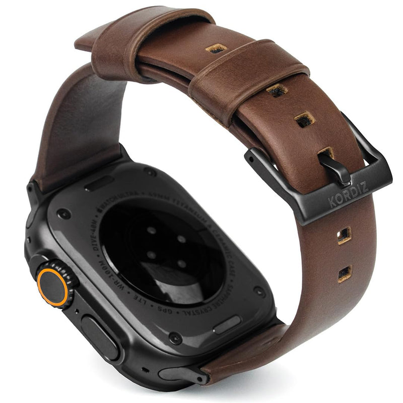 KORDIZ Modern Leather Band - Geniune Full-Grain Leather band compatible with Apple Watch band ULTRA 3 & ULTRA 2/1 [49mm] - Stylish and Durable Minimalist for Your Wrist - Rugged Patina Ultra Black (49mm) | Dark Brown