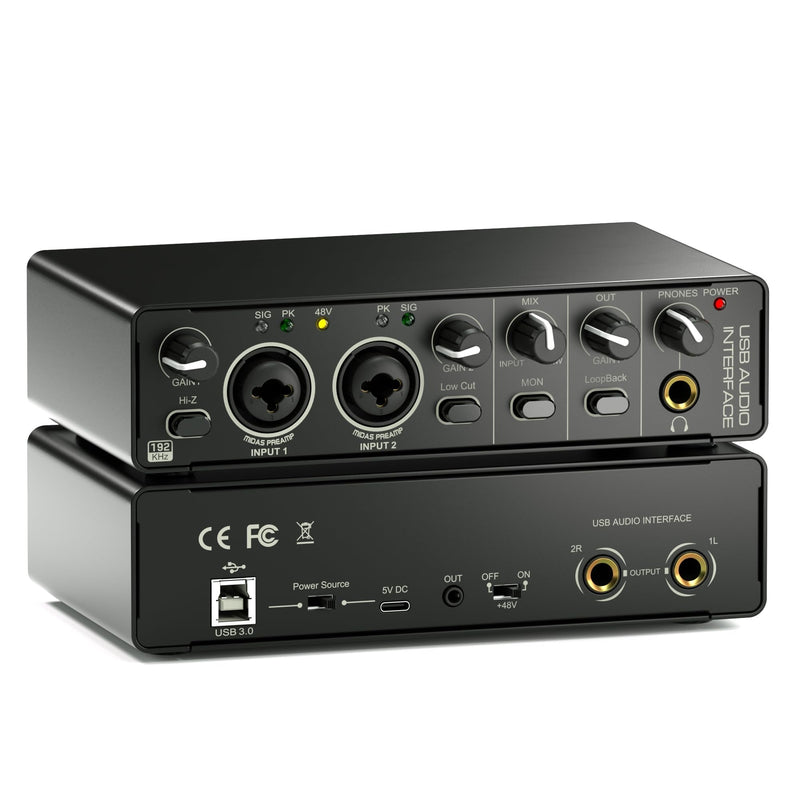 24Bit 192kHz Audio Interface, 2 In 2 Out USB Audio Interface for Recording, Streaming, Podcasting with Pro Audio Mixer, Mic Preamplifier, XLR TSR TS Ports, 48V Phantom Power
