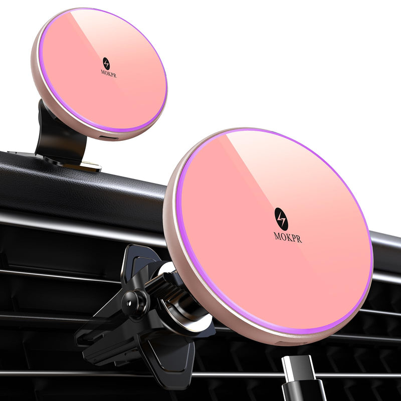 for Magsafe Car Mount Charger 15W LED RGB Car Phone Holder for Dash Vent | HandsFree Magnetic Wireless Car Charger Car Mount Fast Car Charger for iPhone 17 16 15/14/13/12 Series Pink