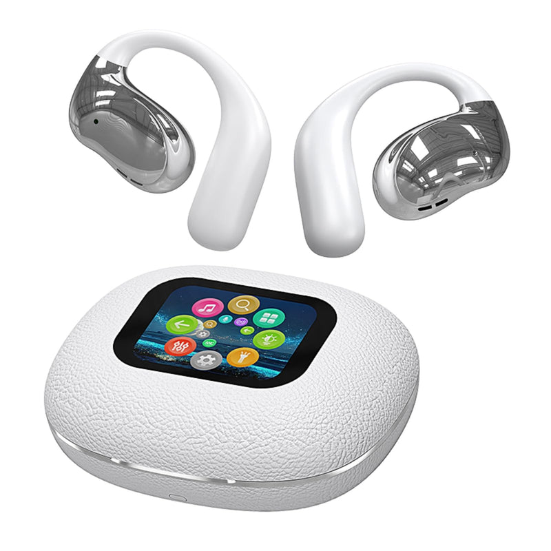 TWS Wireless Bluetooth Smart Touch Screen Ultra Open Ear Earbuds with Ear Hooks Over Ear Buds Sport Earphones with Screen On Case Air Conduction Touchscreen Bluetooth Headphones for Gym Work Running White