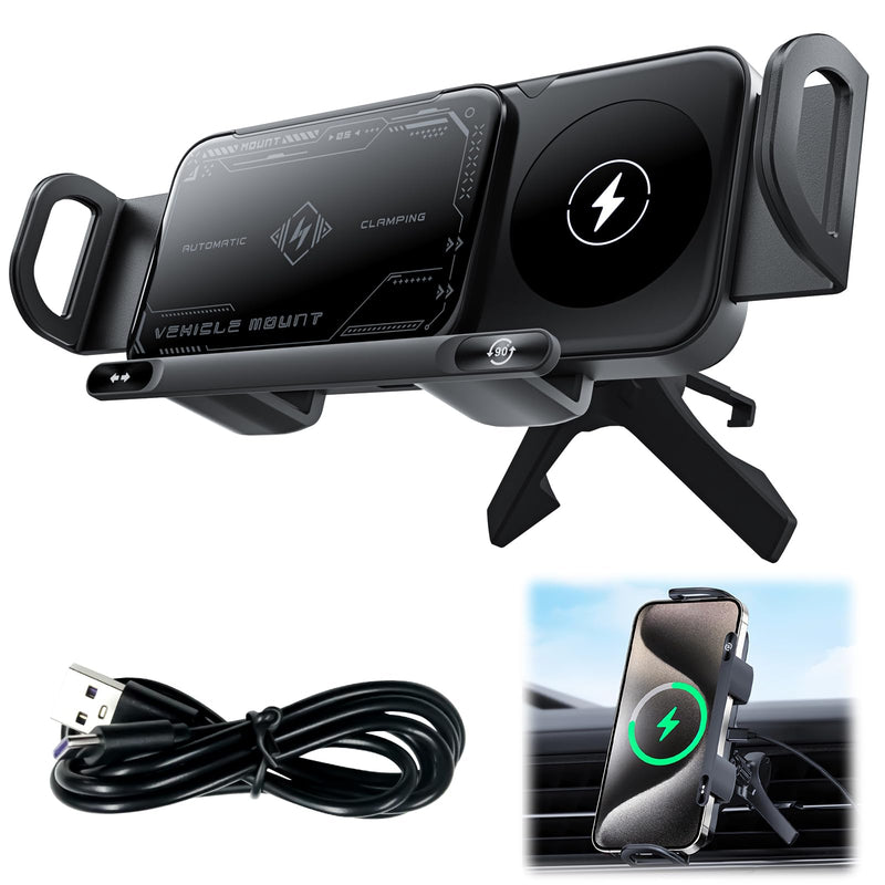 OneNine High Intelligent Mobile Phone/Pad Holder, 2 in 1 Auto Rotating Phone Holder, Car Charger Fast Charging Phone Holder, Rotatable Car Vent Phone Mount for Smartphone/Pad/Foldable(Black)