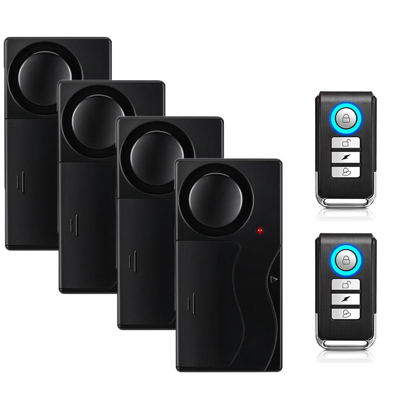 [AUSTRALIA] - Mengshen Wireless Anti Theft Vibration Door Window Alarm Motion Sensor with 2 Remote Control Burglar Alarm for Bicycle EBikes Scooter Car 110dB Loud (4 Sensors with 2 Remote Control) 