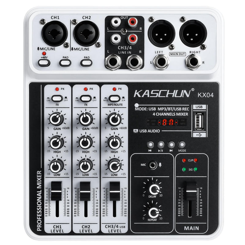 [AUSTRALIA] - Professional DJ audio mixer, 4-channel DJ mixer, Bluetooth sound mixer, supports USB/MP3/BT computer input, 48V phantom power stereo studio audio mixer suitable for DJ studio streaming recording KX04 