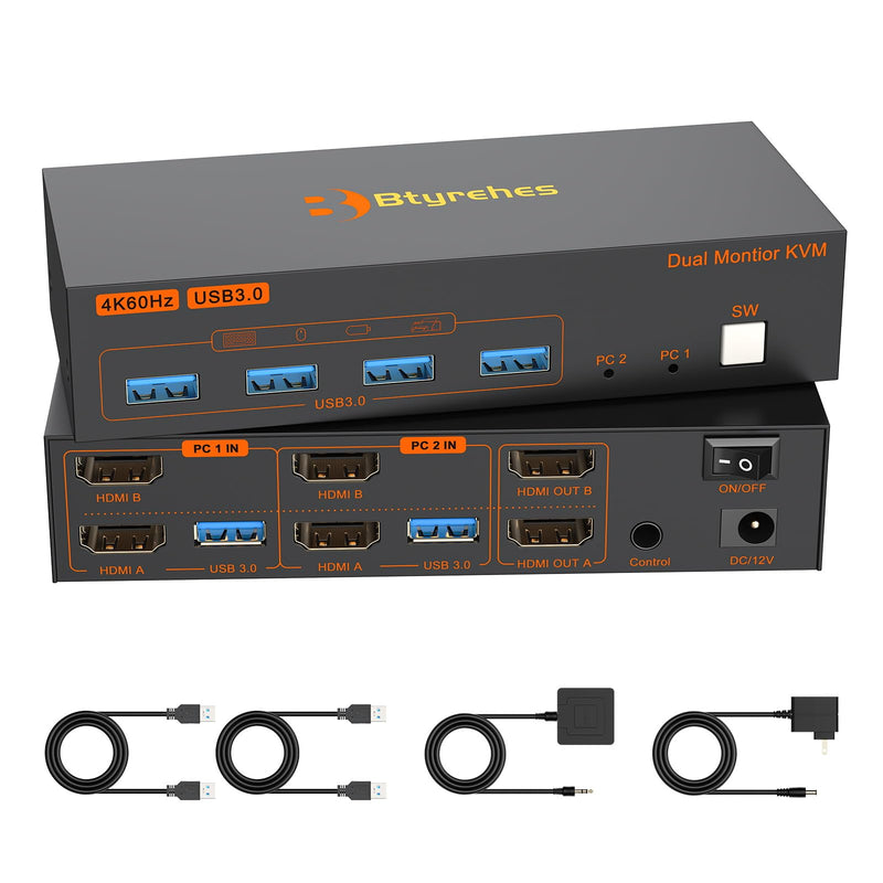 4K HDMI KVM Switch 2 Monitors 2 Computers,Dual Monitors KVM Switcher | 4K@60Hz,Support Extended/Copy Mode Share 4 USB 3.0 Hub with 2 USB Cables,Controller Suitable Office Gaming Meeting Plug&Play Orange Black 2 PC 2 Monitors