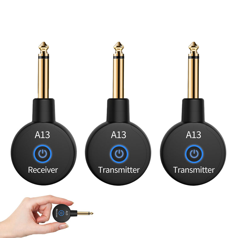 A13 Wireless Guitar System 2.4GHz Transmitter Receiver for Electric/Acoustic Bass Guitar, Rechargeable Li-Battery, Plug & Play Wireless Guitar Cable for Guitar, Bass, Violin - Black (2TX + 1RX) A13-2