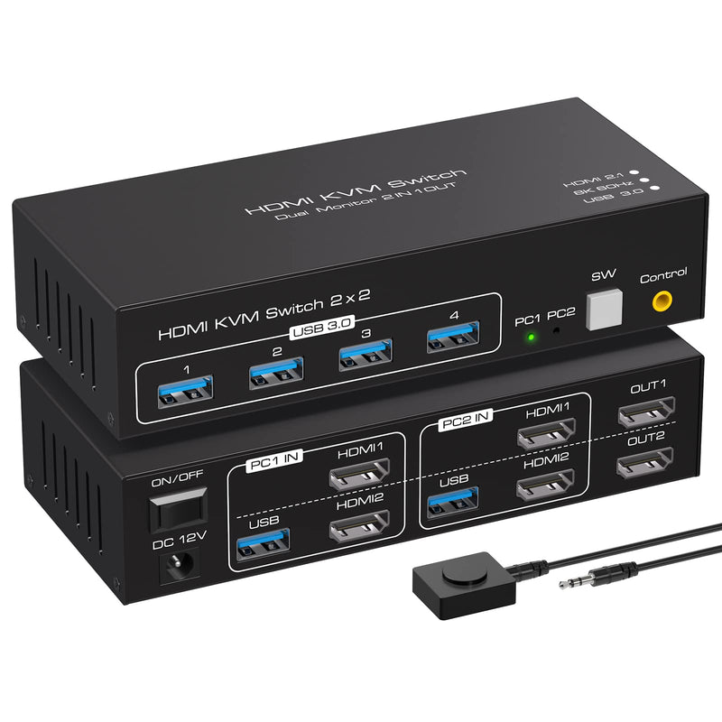 8K HDMI KVM Switch 2 Monitors 2 Computers Support 8K 60Hz 4K 120Hz KVM Switcher for Two PC Share Dual Monitors and 4 USB 3.0 Devices Support Copy and Extend Mode -3.6CM High 2PC 2 Monitors White-1