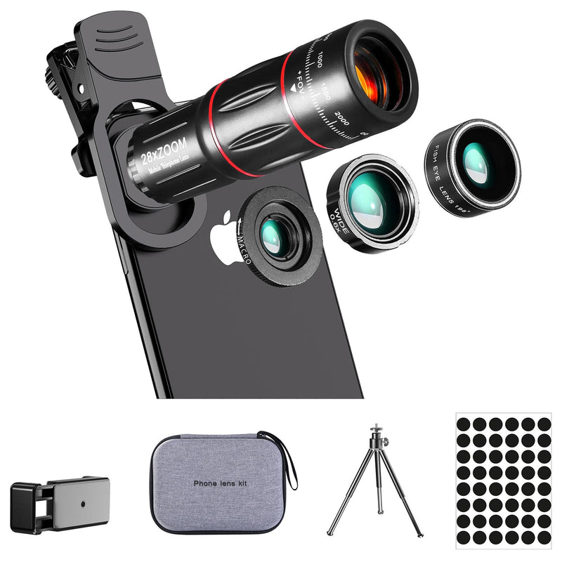 [AUSTRALIA] - Phone Camera Lens Kit Upgraded Version Telephoto 28X Wide Angle 0.6X Macro 20X Fisheye 198° for Most Smartphones (Black) fisheye lens 