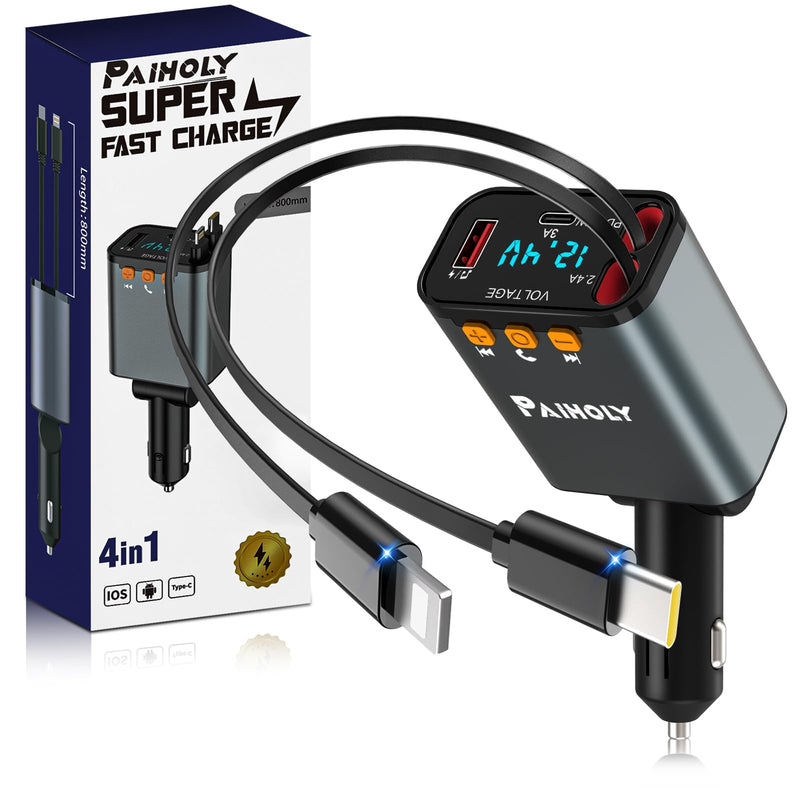 [AUSTRALIA] - Bluetooth 5.3 Car Adapter, FM Transmitter Bluetooth Car Charger, 4 in 1 Retractable Car Charger, Phone USB C PD Fast Charging Adapter for RV SUV Truck, Fit iPhone 17/16/15/14 (Type C & Lightning) Grey 