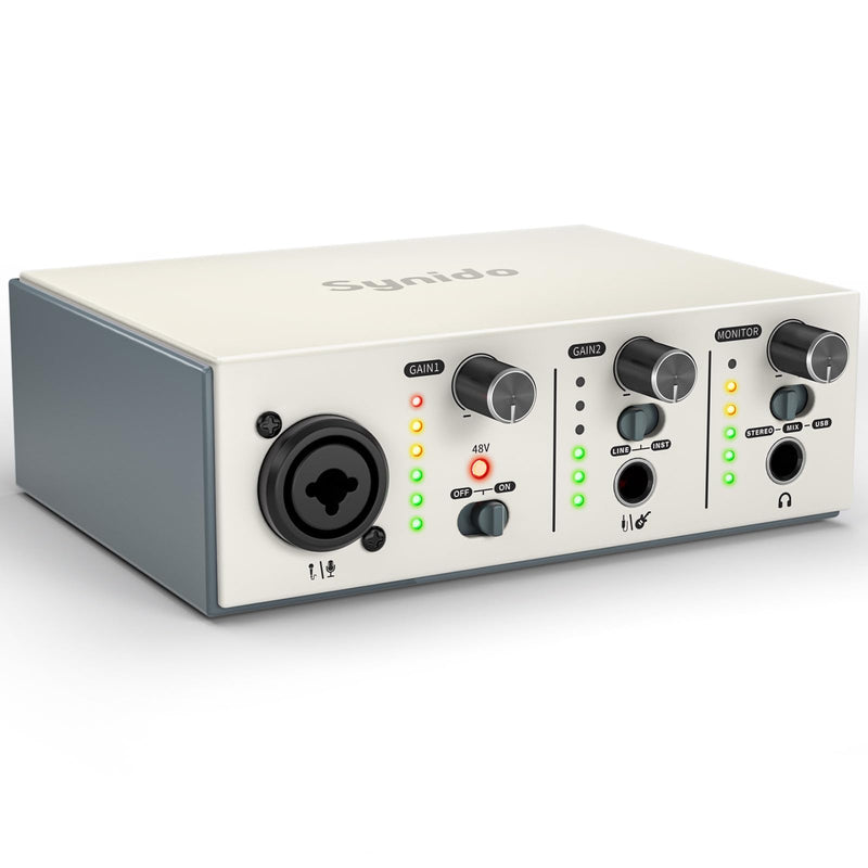 Synido Solo USB C Audio Interface for Recording Music, Streaming, Podcasting with XLR, Line Input, 24bit/48kHz, 48V Phantom Power, 2-channel, Silver Solo Audio Interafce-Silver