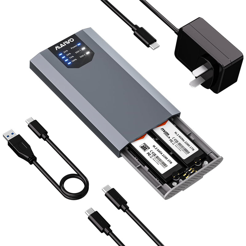 MAIWO Dual-Bay M.2 SSD Enclosure Cloner for NVMe & SATA, USB3.2 GEN2X2 10Gbps M.2 Duplicator Supports Bidirectional Offline Clone for SSDs Sizes 2230/2242/2260/2280