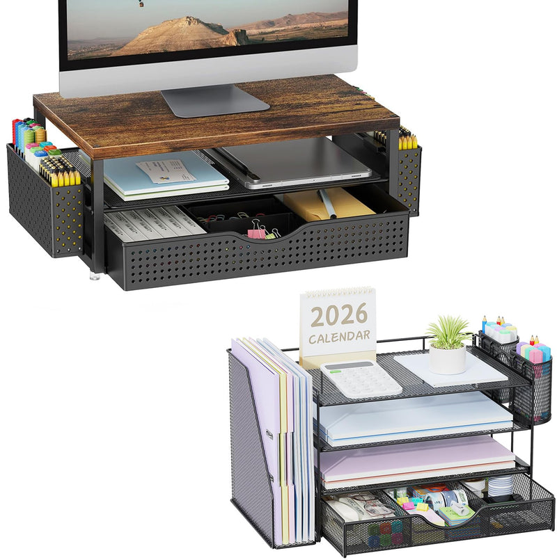 gianotter 4-Tier Paper Letter Tray + Monitor Stand with Storage (Black)