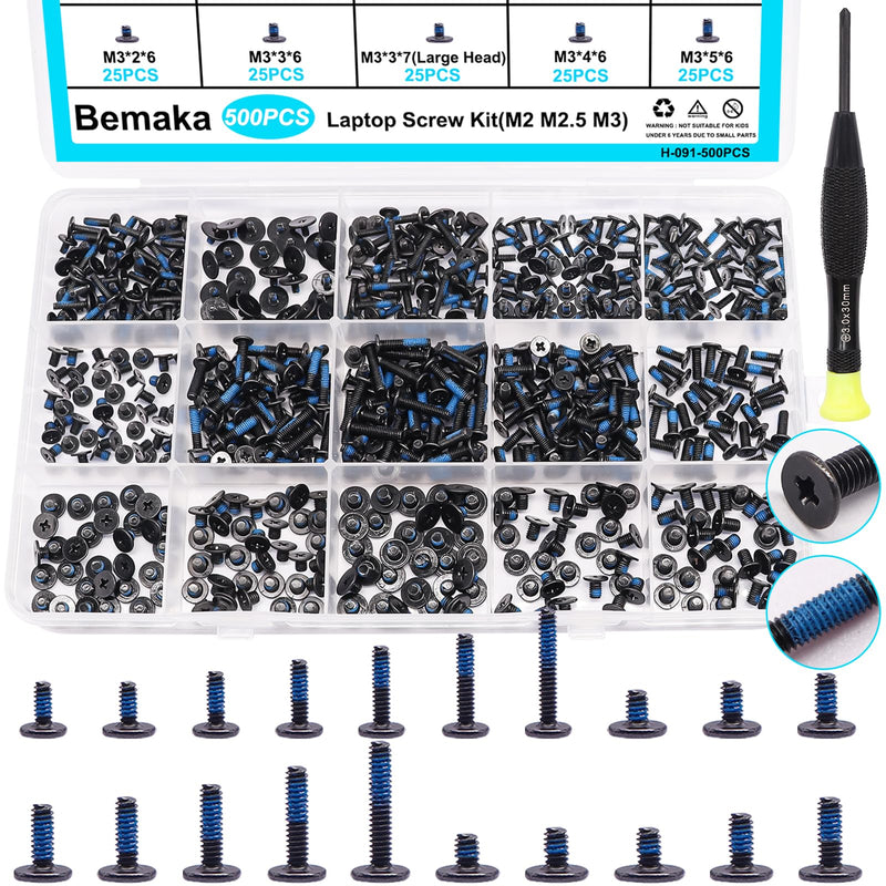 500PCS Laptop Screws Notebook Computer Screws Kit 20 Sizes Blue Nylok Screws M2 M2.5 M3 Laptop Replacement Computer Screws for Motherboard SSD PC Fan Hard Drive Black-500Pcs