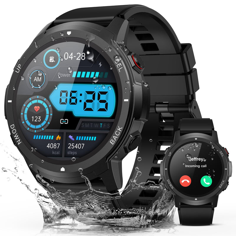 Smart Watch for Men- Bluetooth Call, 2025 Military Waterproof Fitness Sleep Tracker Watch with 110 Sports Modes, Smartwatch for Samsung Android iPhone iOS Compatible Black 1.39