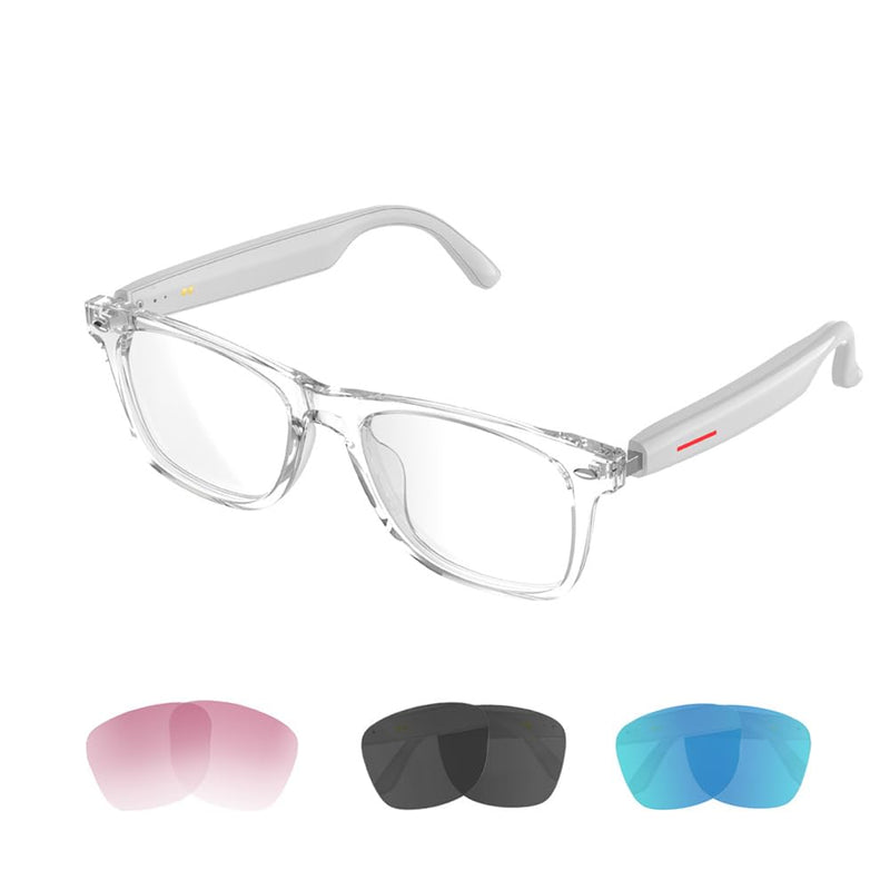 IVY TWS Smart Bluetooth Audio Glasses - Glesses Lens Kits (Blue Light Blocking & Sunglasses & Pink & Blue) for Office Outdoor Sports Drive - Smart Glasses for Men & Women - White Frame