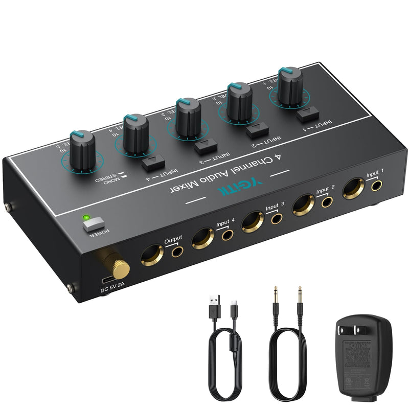 Mini Audio Mixer, 4 Channel Stereo Line Mixer 1/4" & 1/8" TSR Audio Output Input Jack, Line Mixer Stereo/Mono Independent Control and Switch for Guitars,Bass,Keyboards, Dynamic Microphone