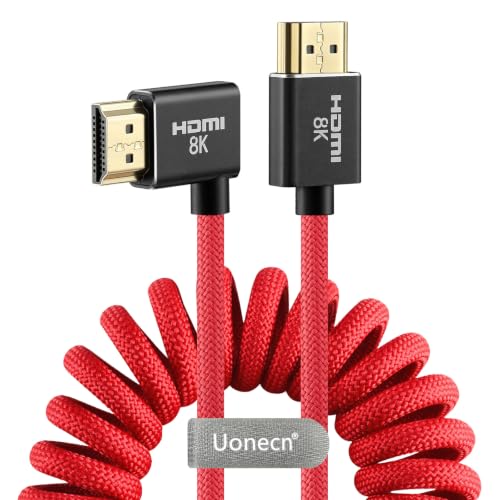 Uonecn HDMI 2.1 Cable for Camera, Ultra HD 48Gbps 8K Braided Coiled HDMI for Atomos Ninja V, Portkeys BM5, Short HDMI Cable for Sony A7iv, Z‑CAM F6, Z‑Cam E2 Pro Cameras, Red, Left Angle‑Straight Straight to Left Angle