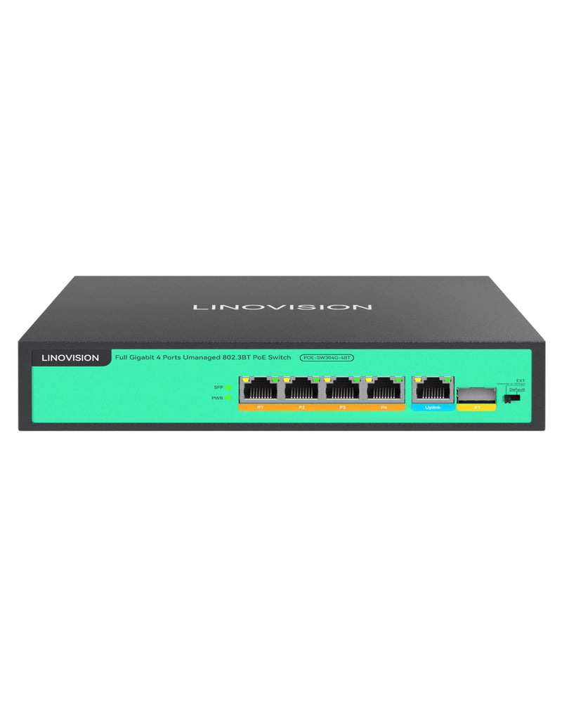 LINOVISION 4 Port Full Gigabit PoE++ Switch, 802.3bt 90W, Total 96W Power | 4 PoE++ Ports @ 90W Each, IEEE 802.3 af/at/bt | Unmanaged Plug-and-Play | for PTZ Camera, WiFi AP and PoE Light POE-SW304G-4BT