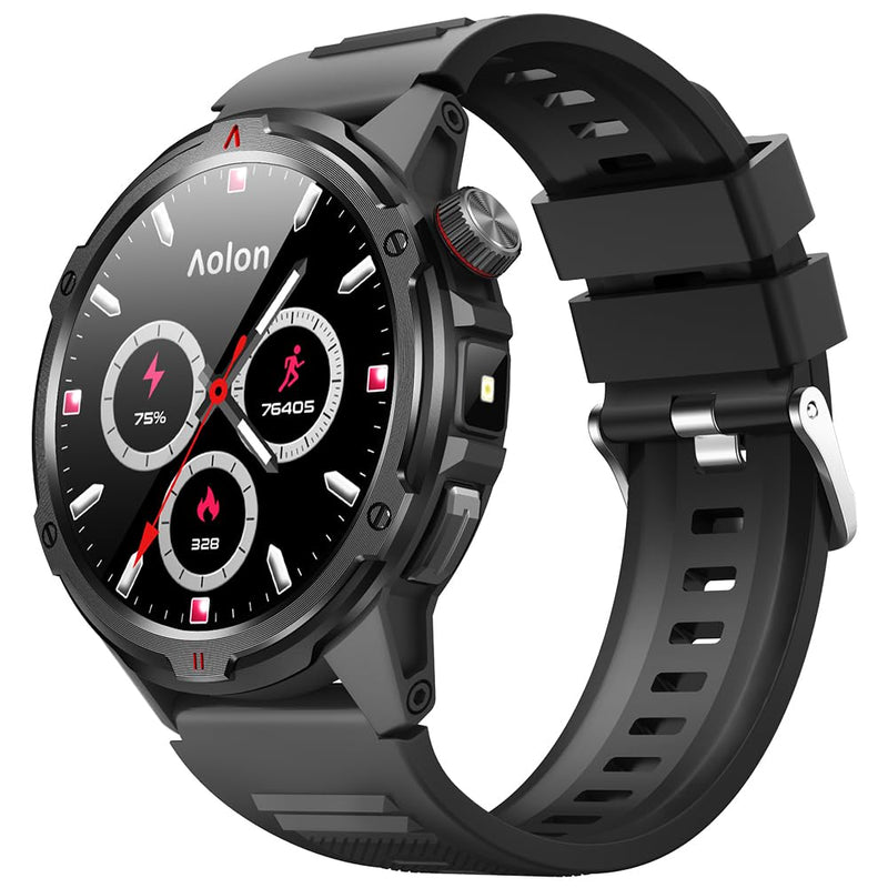 AOLON 1.43” AMOLED Smart Watch, 1ATM Waterproof Military Fitness Tracker | AOD Display Bluetooth Call Compass AGPS, Heart Rate SPO2 Sleep Monitor for Men Black