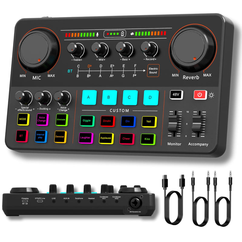HOSONGIN Audio Interface for Beginners - Streaming Podcast Mixer with Pro-preamp, 48V Phantom Power, Voice Changer, Customizable Sound Effects, Noise Reduction for Podcasting, Gaming, Recording Sound-Card-P300
